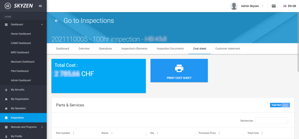 Dashboard of inspection costs